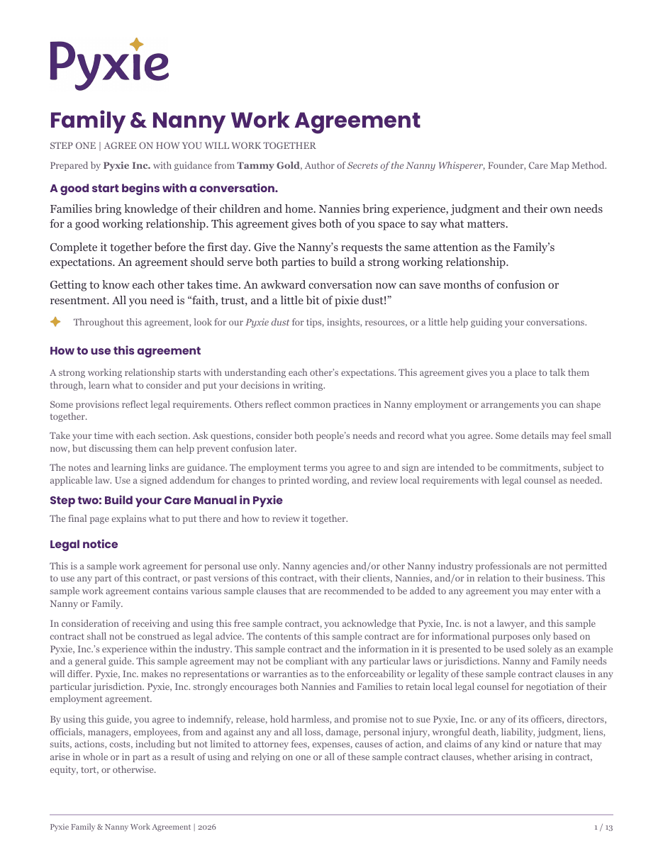 The first page of the Family & Nanny Work Agreement