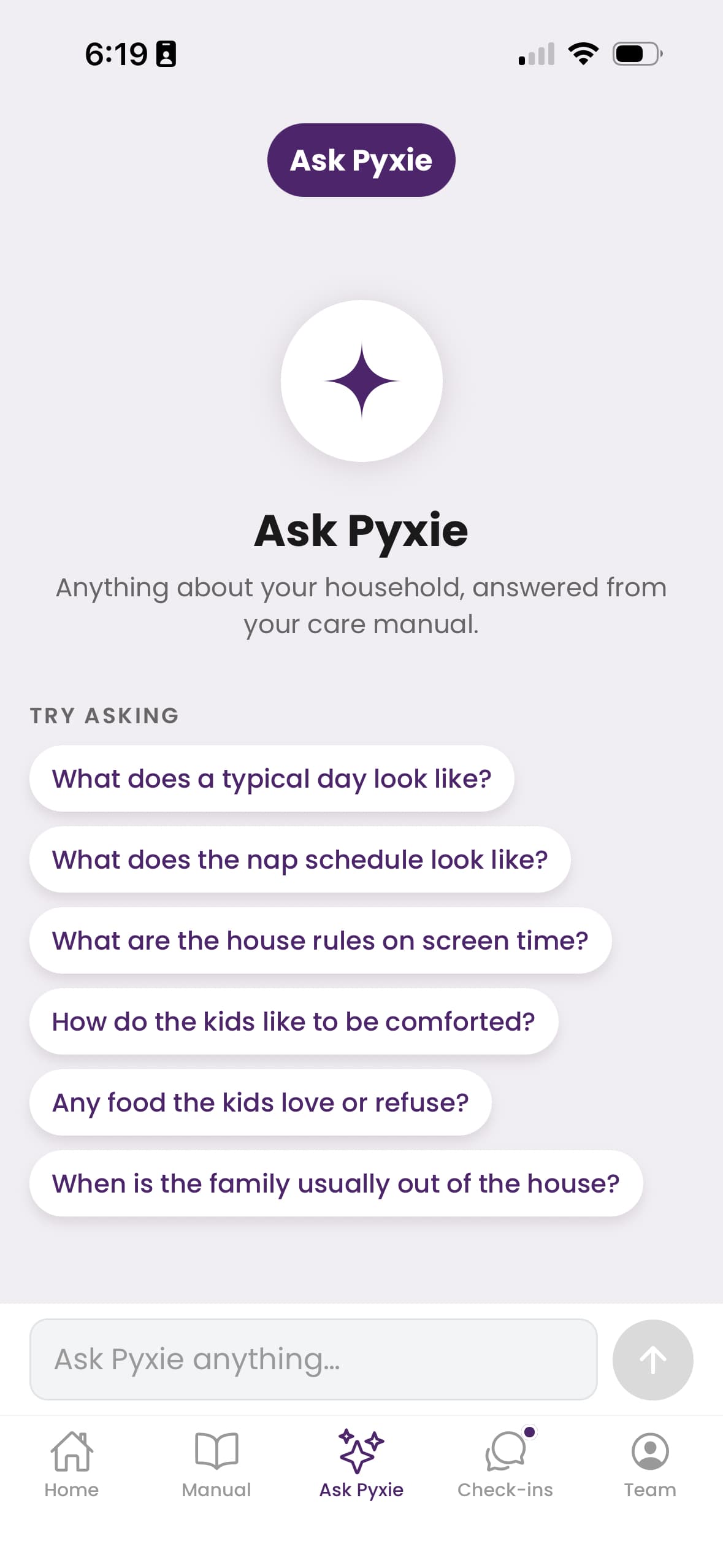 Pyxie app screenshot of Ask Pyxie answering household questions from the care manual