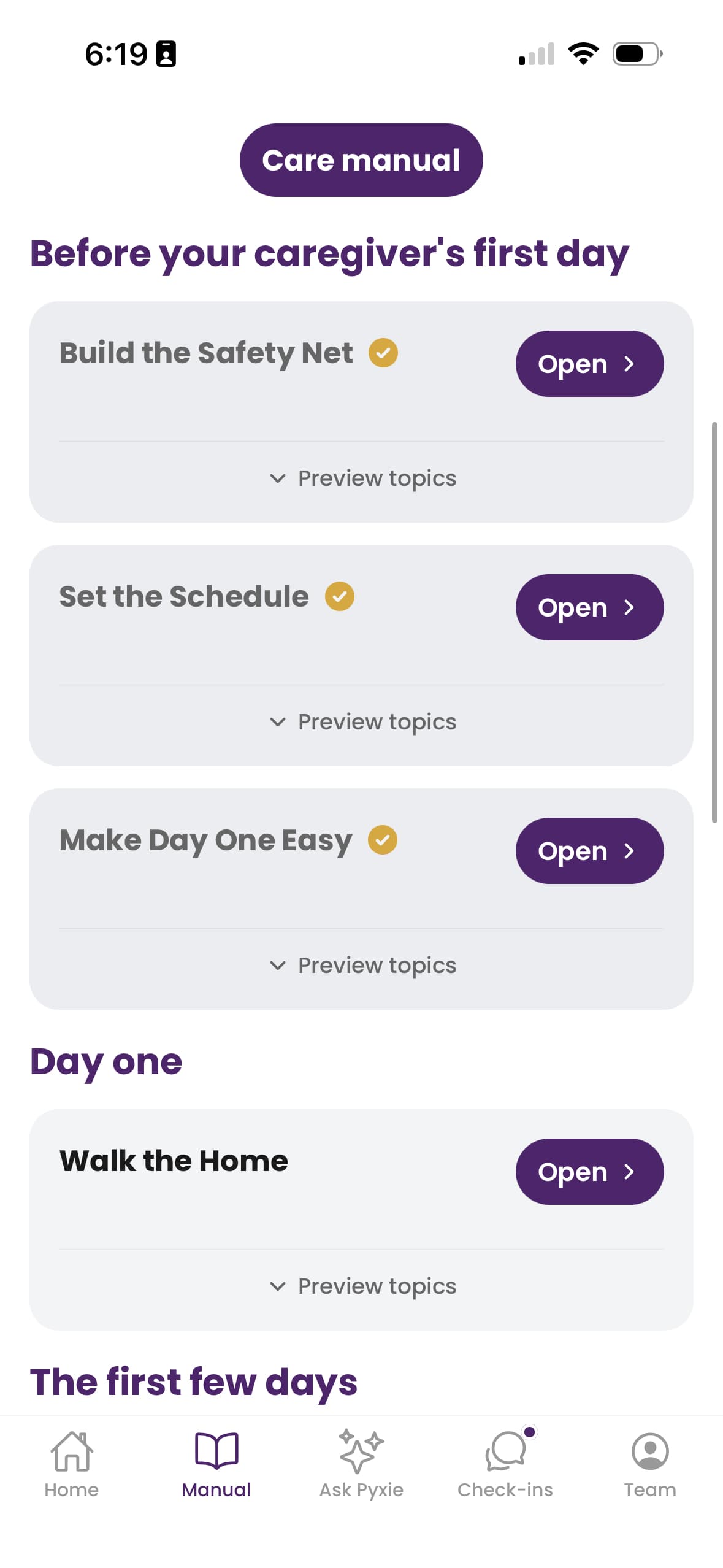Pyxie app screenshot of the Care Manual with guided setup sessions before a caregiver's first day